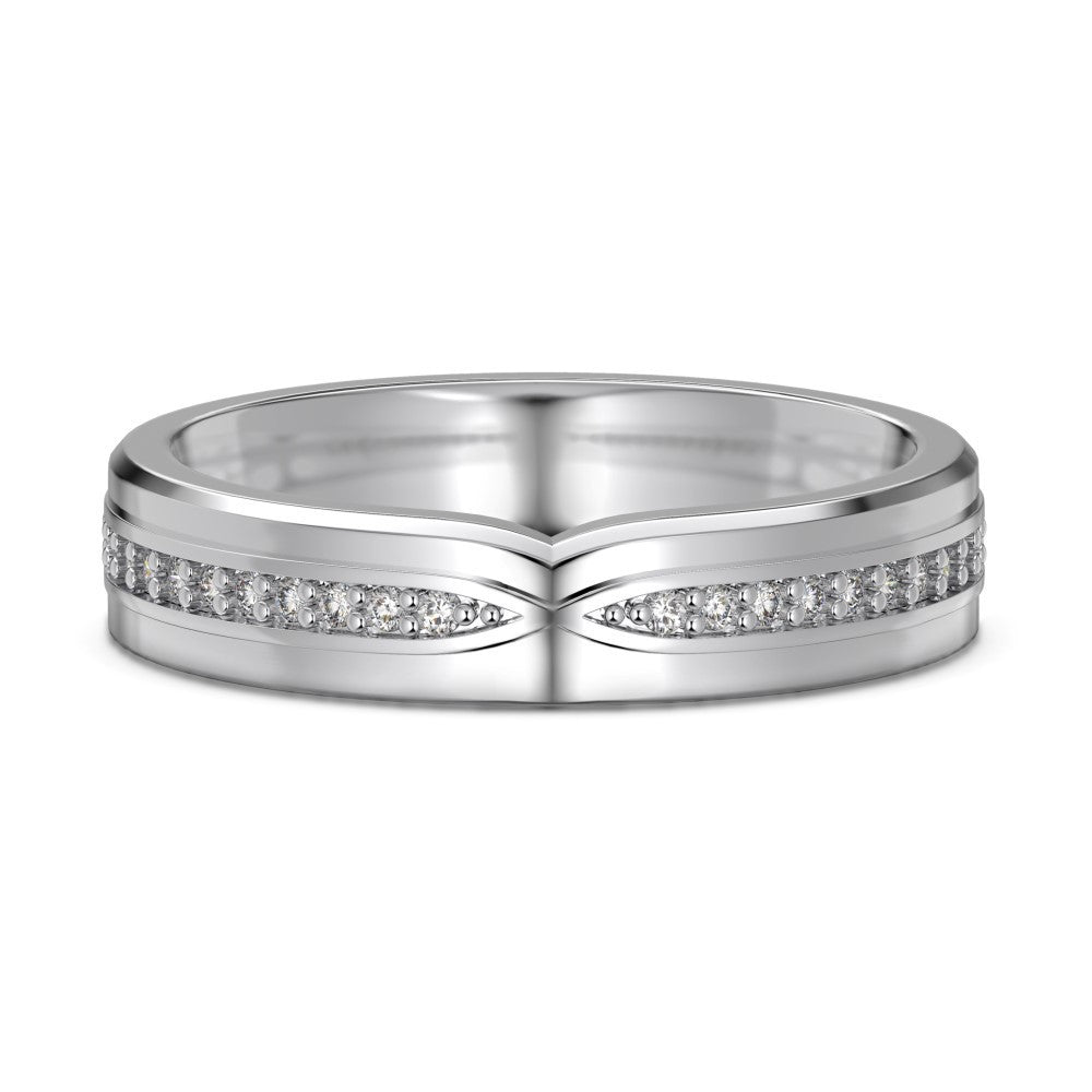 Hand wearing a silver ring on a white background