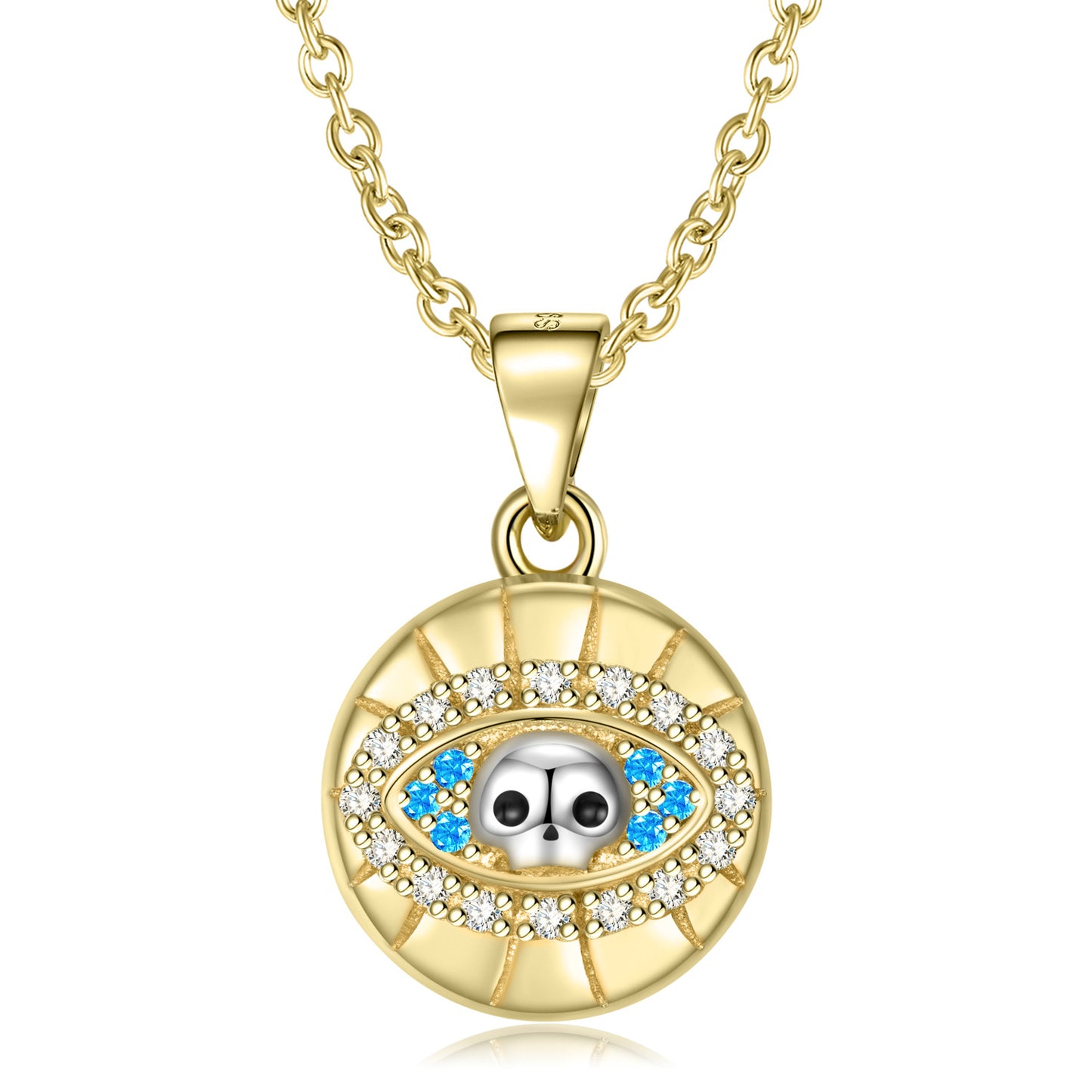 Gold necklace with an eye-shaped pendant featuring blue stones and clear stones on a white background