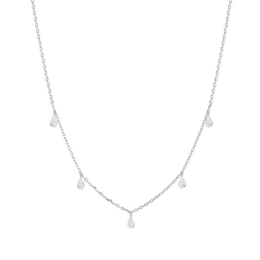 Silver necklace with small teardrop-shaped pendants on a white background