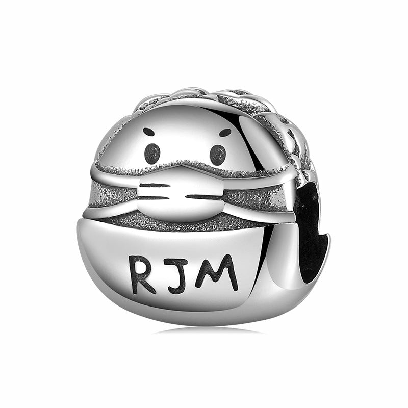 Silver charm with 'RJM' initials on a white background