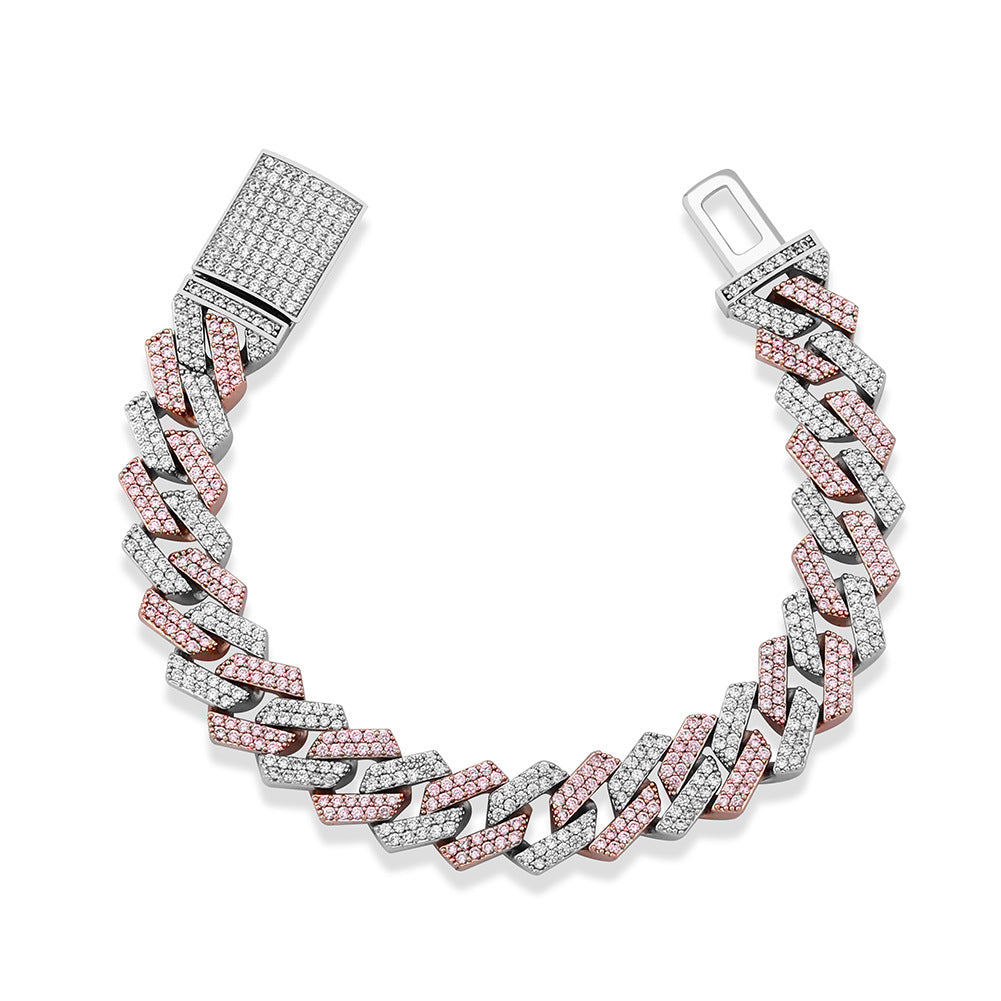 Bracelet with pink and silver braided design on a white background