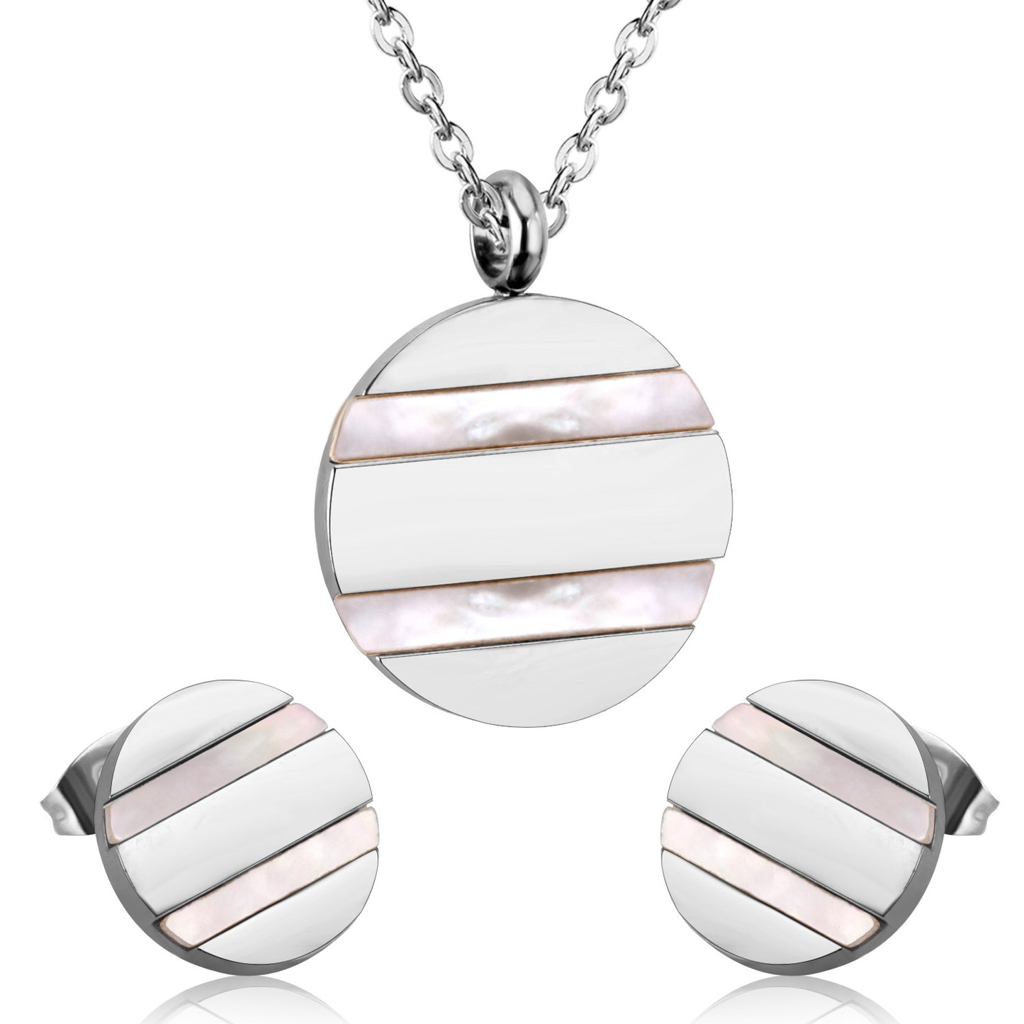Jewelry set with round pendant, earrings, and chain on a white background