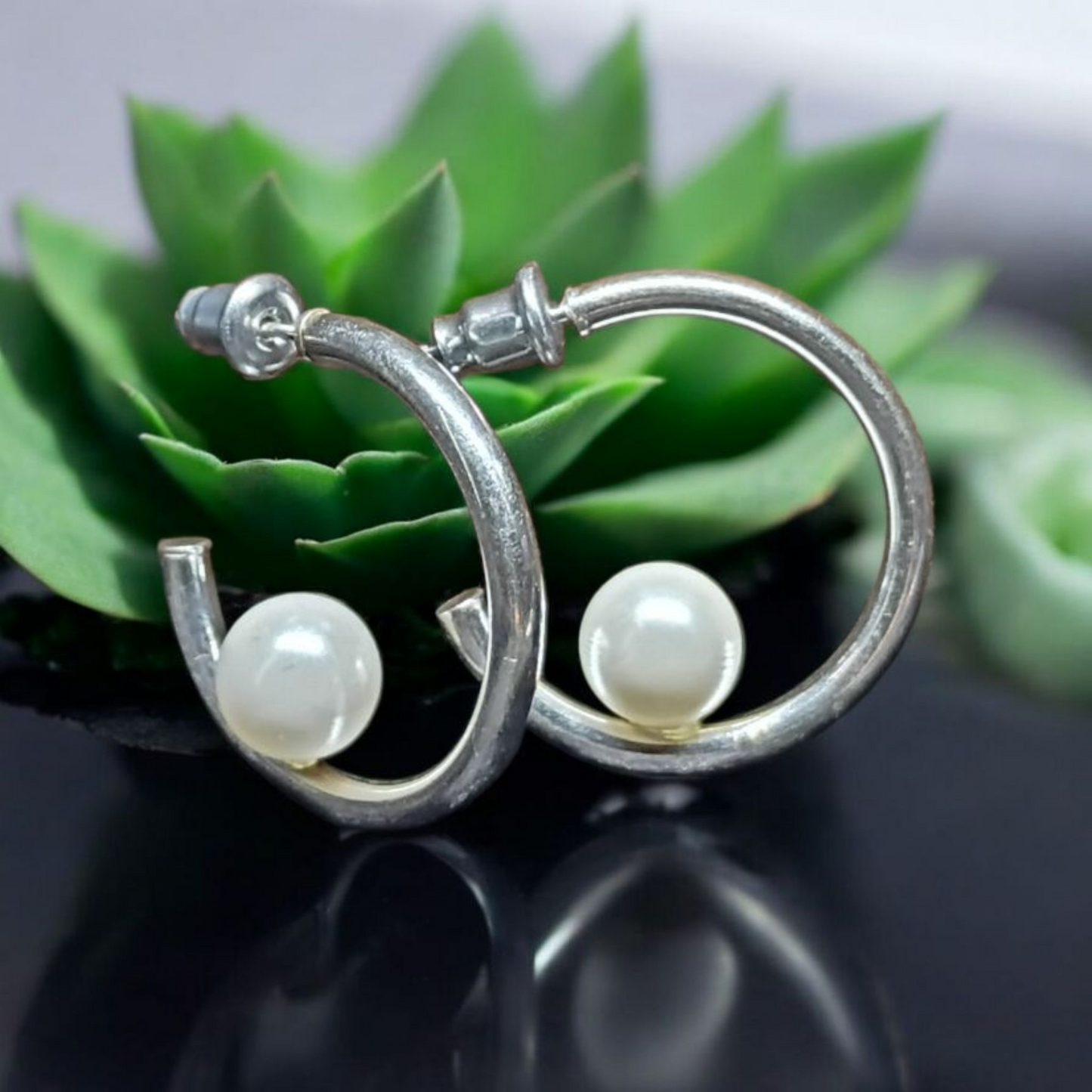 Sterling Silver Simulated Pearl C Hoops