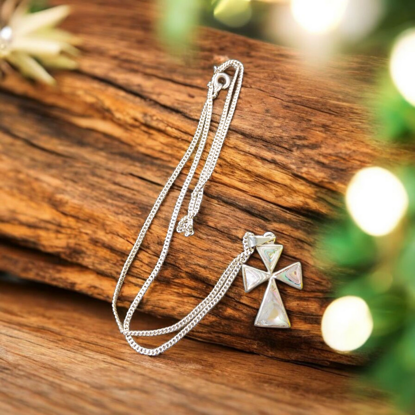 Vintage Sterling silver small curb chain with Abalone Cross