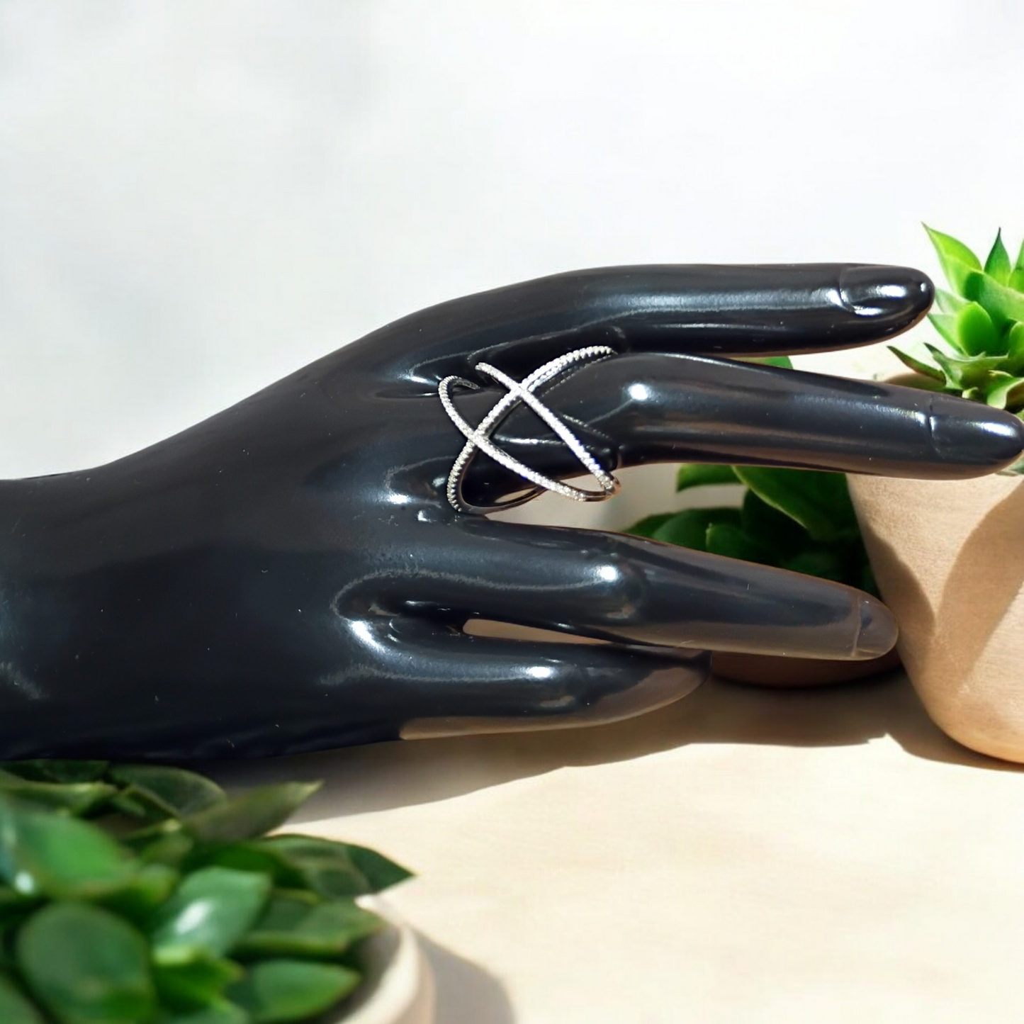 Double X white cubic zirconia 925 silver ring