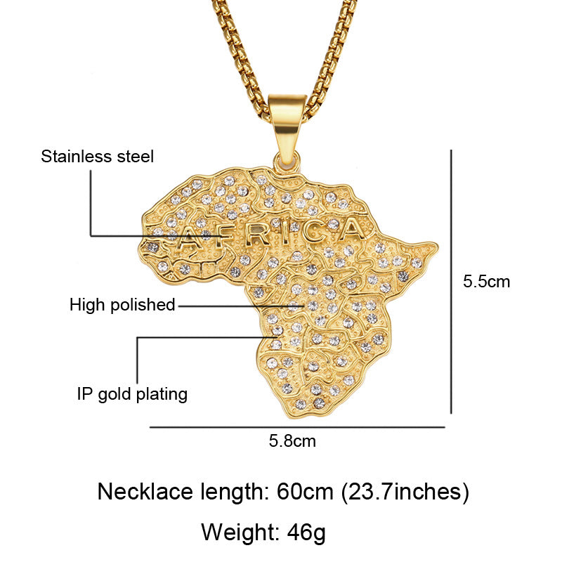 Gold Africa map necklace with specifications on a white background