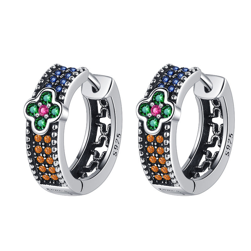 French Retro Style Four Leaf Colorful Diamond Earrings