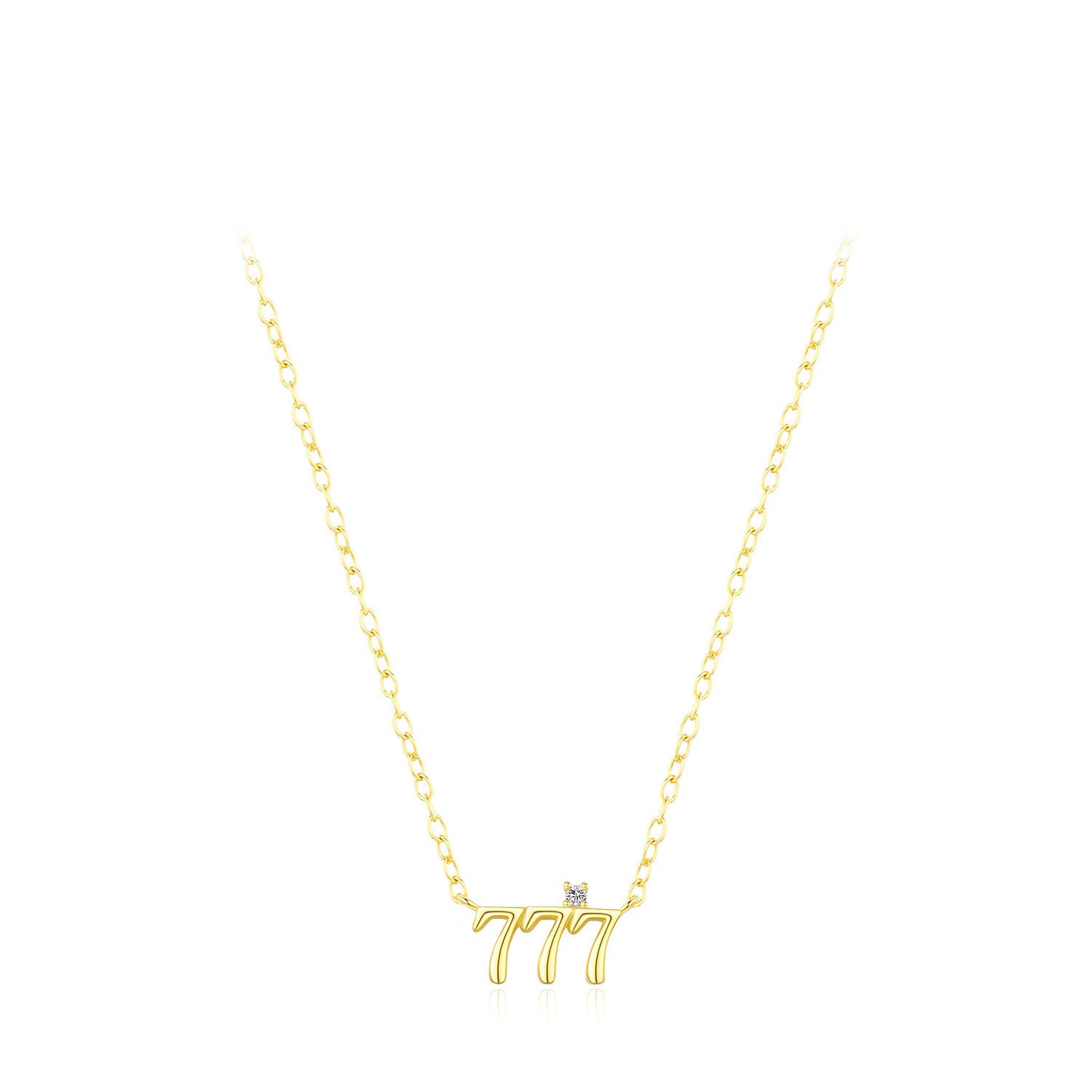 Gold necklace with a small diamond on a white background