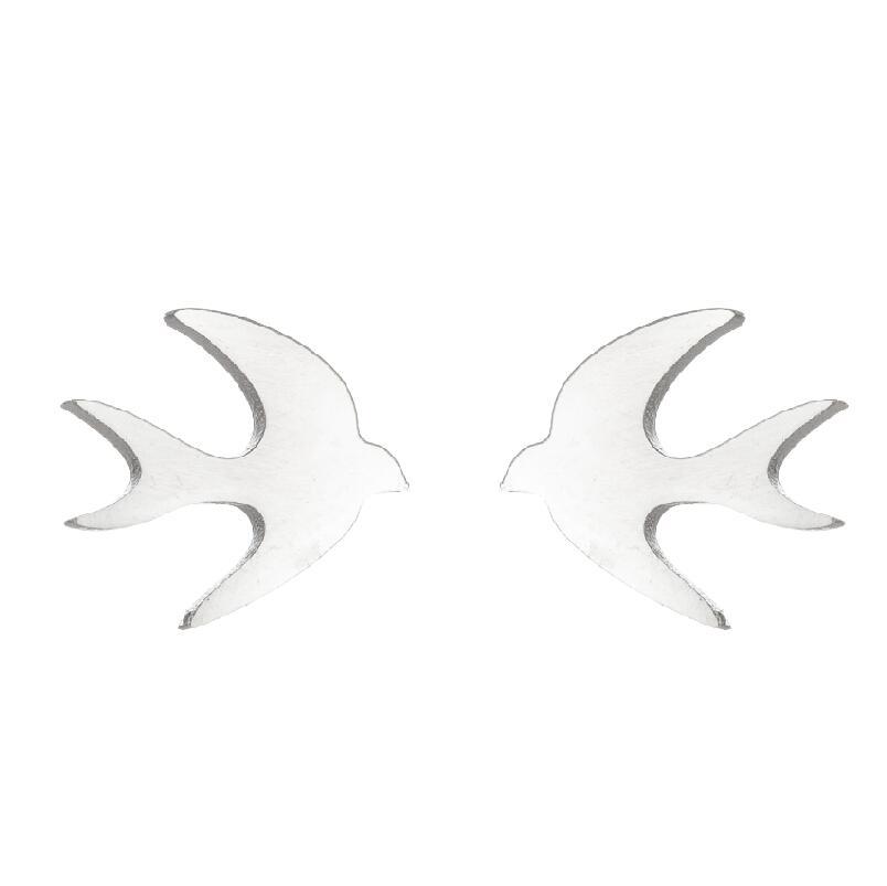 Pair of silver bird-shaped earrings on a white background