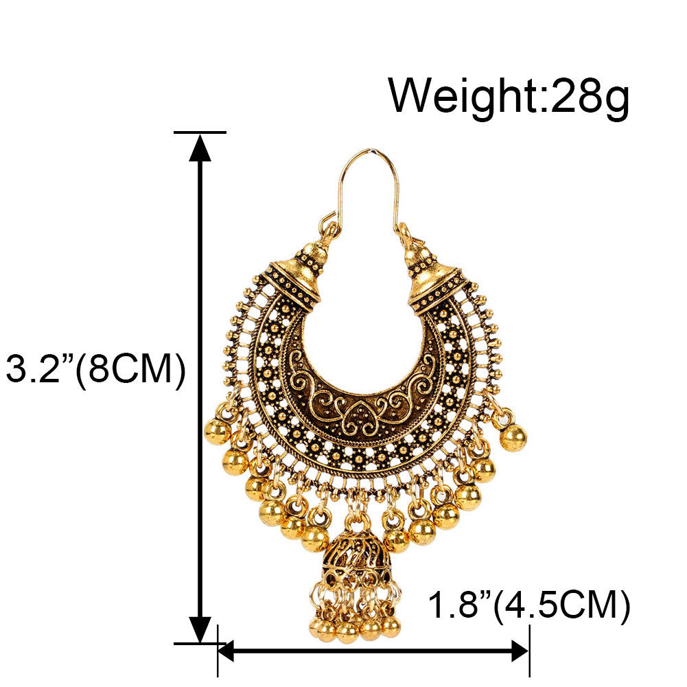 Gold-toned crescent-shaped statement earring with dangling beaded fringe and jhumka-style drops, shown on a white background with measurement arrows and text indicating height 3.2 inches (8 cm), width 1.