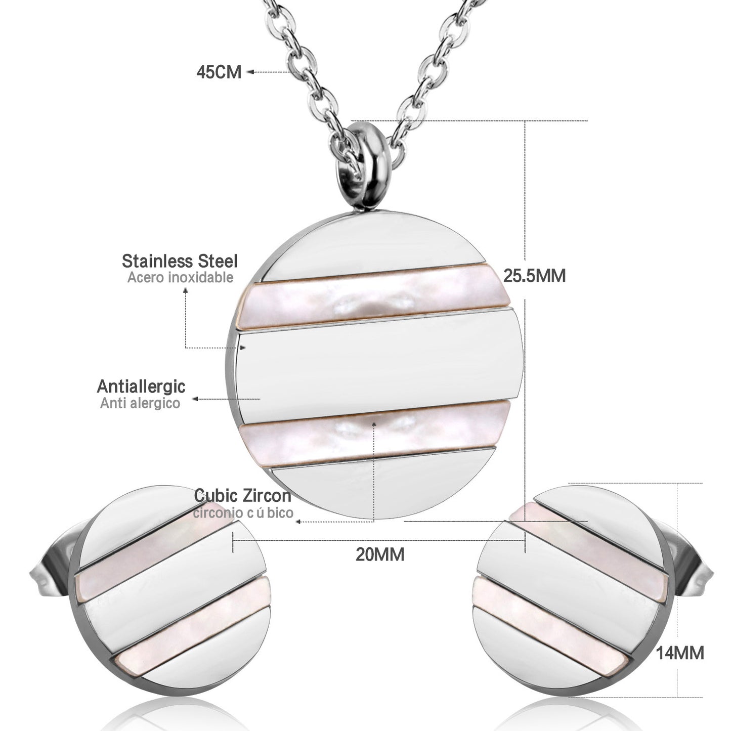 Necklace with a white circular pendant, showing measurements and material details on a white background.