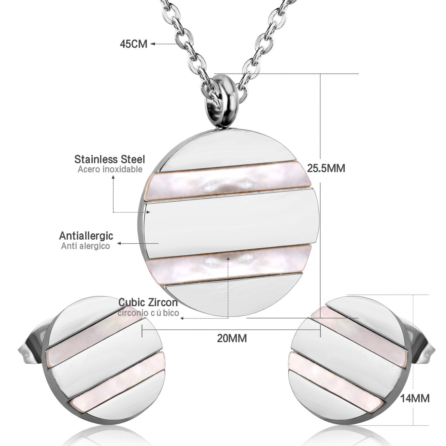 Necklace with a white circular pendant, showing measurements and material details on a white background.