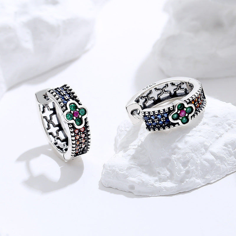 French Retro Style Four Leaf Colorful Diamond Earrings