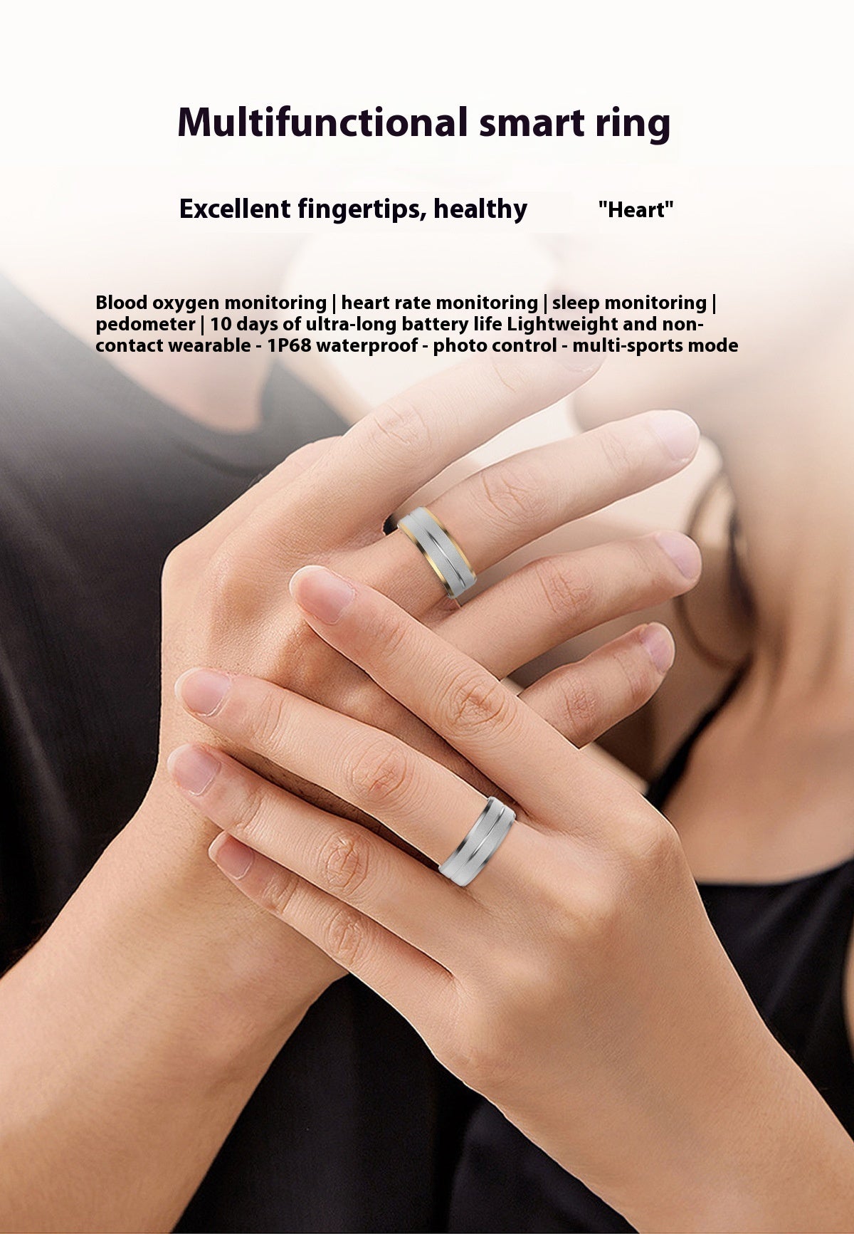Smart ring being worn on a person's finger with product features listed above.