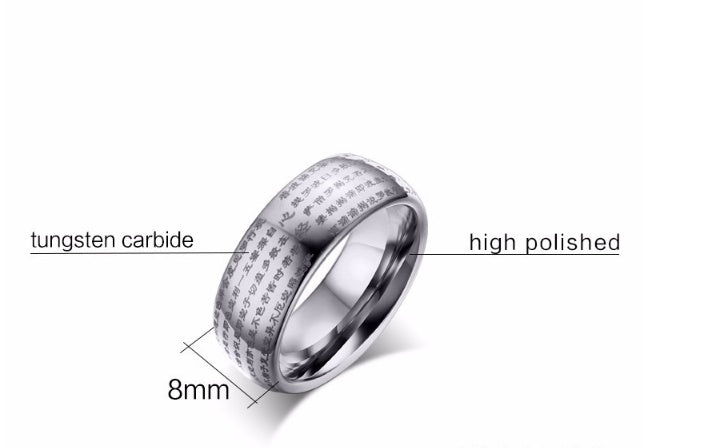 Silver ring with text indicating 'tungsten carbide' and 'high polished' on a white background