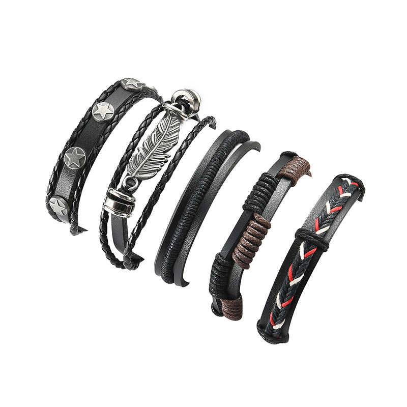 Set of leather bracelets with various designs on a white background