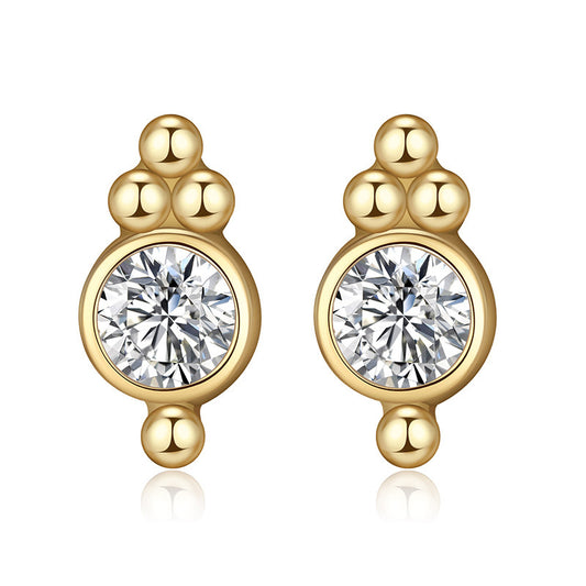 Gold earrings with round gemstones on a white background