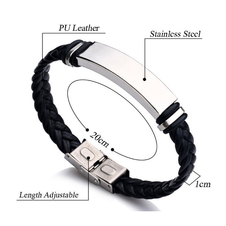 Black braided leather bracelet with stainless steel clasp on a white background