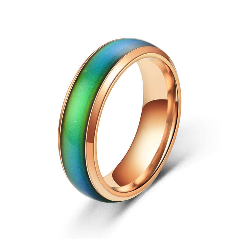 Ring with rose gold band and multicolored interior on a white background