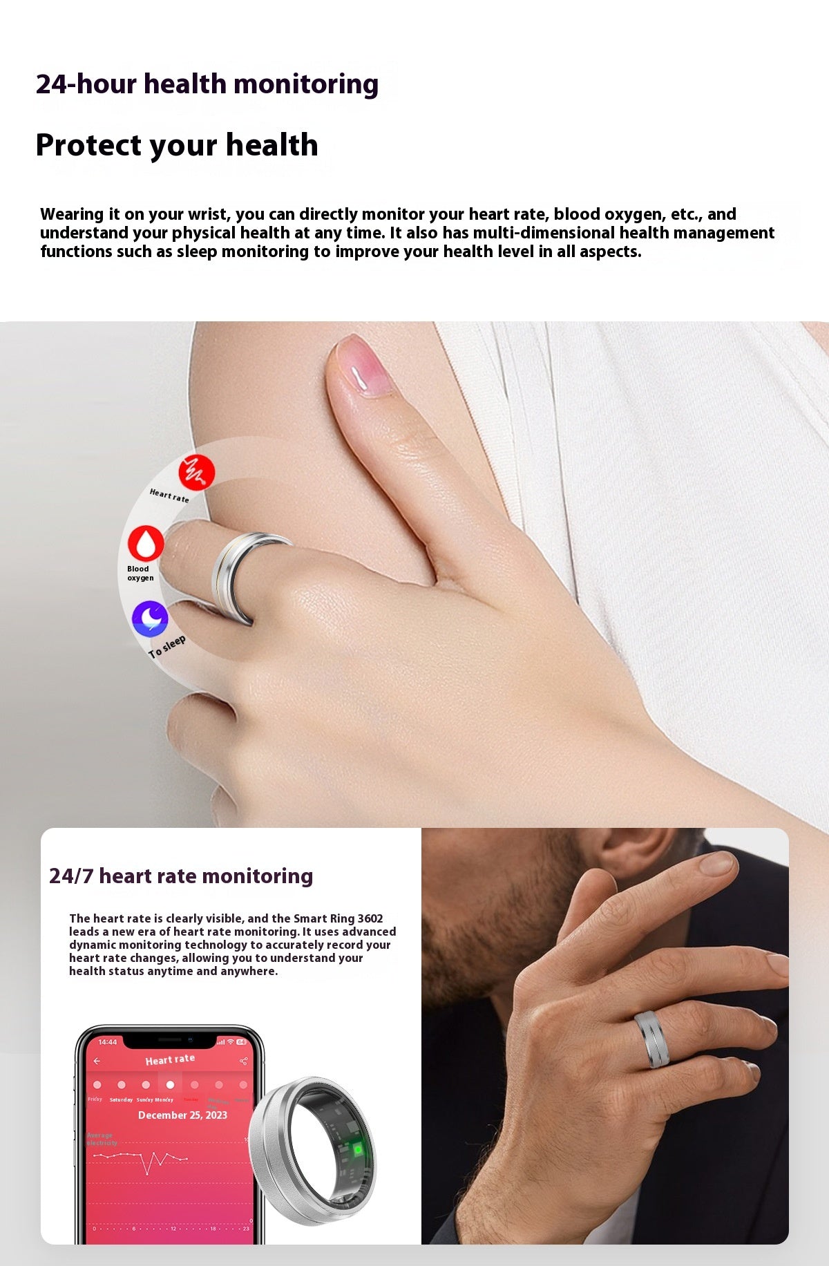 Smart ring with health monitoring features, shown on a wrist and close-up, with text about 24-hour health monitoring.