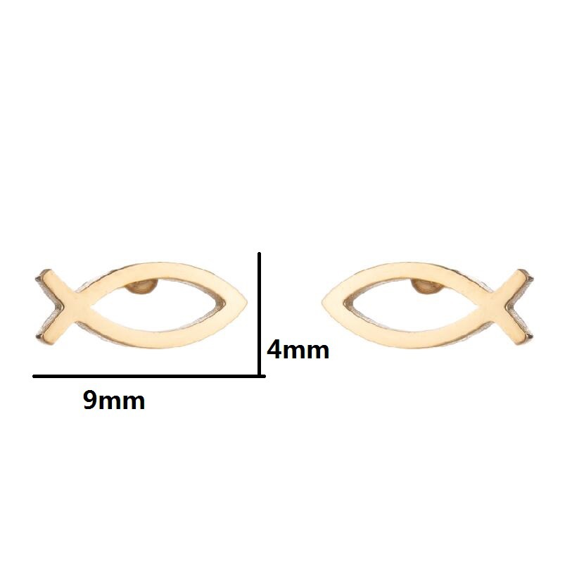 Gold fish-shaped earrings with size measurements on a white background