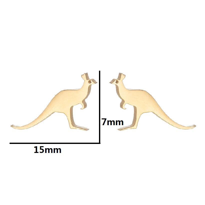 Gold kangaroo earrings with measurements on a white background