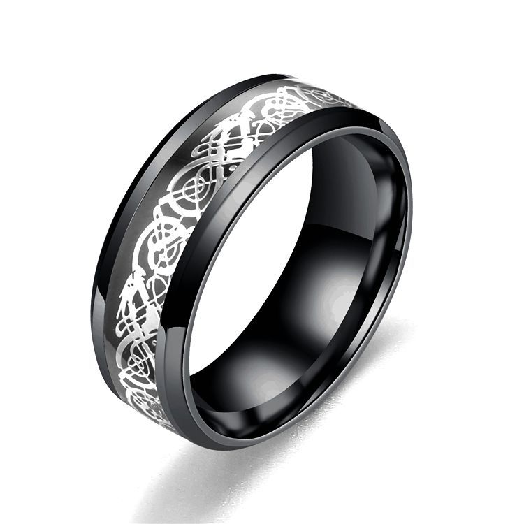 Black ring with silver Celtic knot design on a white background