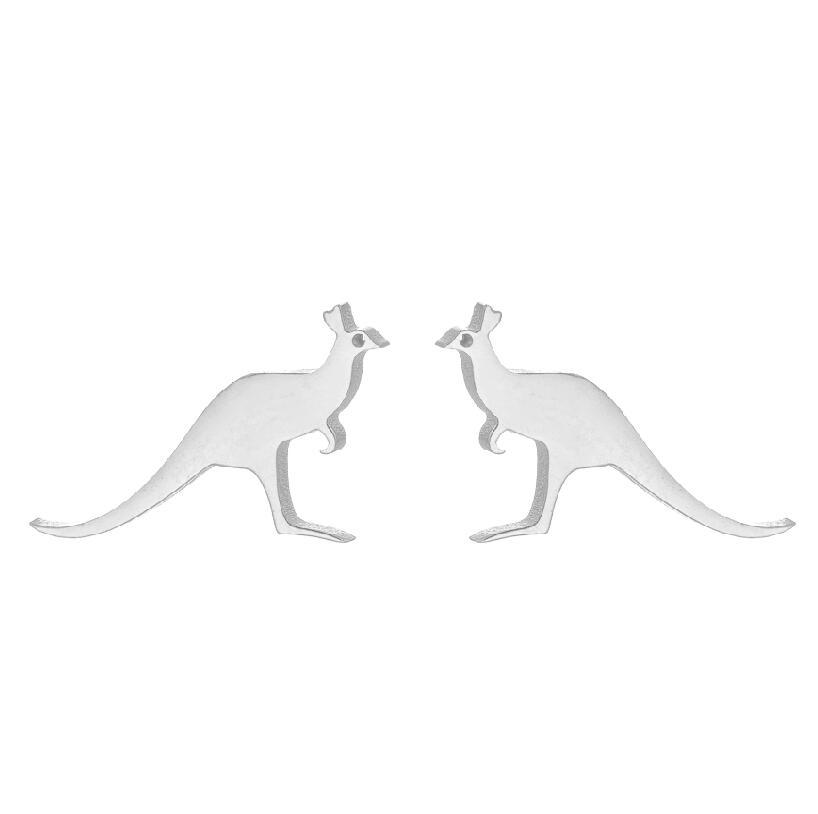 Two white kangaroo-shaped earrings on a white background