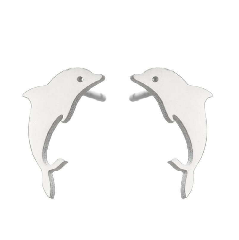 Pair of silver dolphin-shaped earrings on a white background