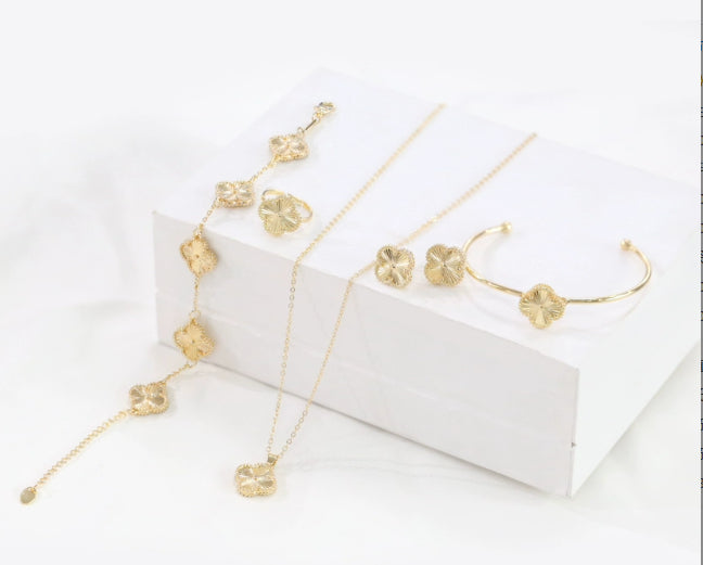 Set of gold jewelry including necklace, earrings, and bracelet on a white background