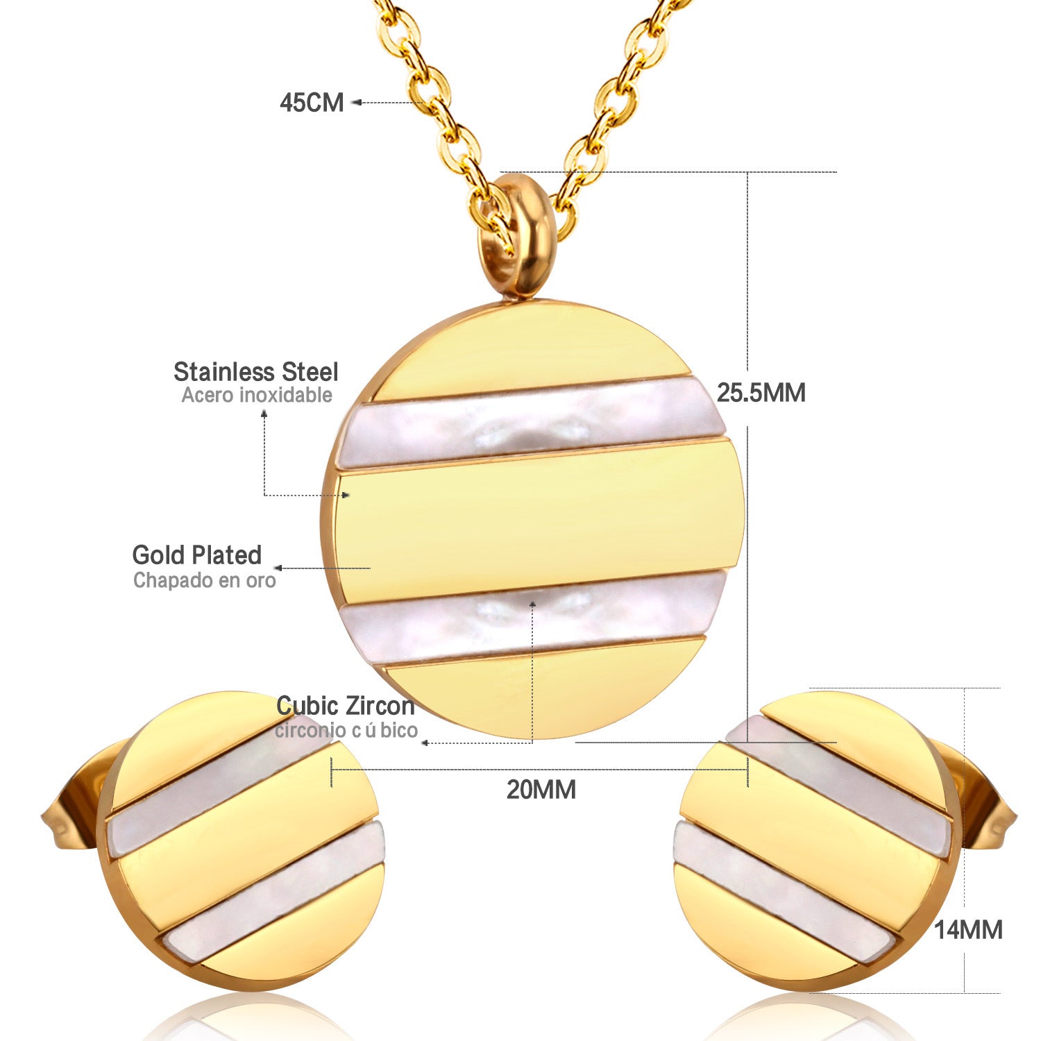 Gold and silver striped pendant with measurement details on a white background