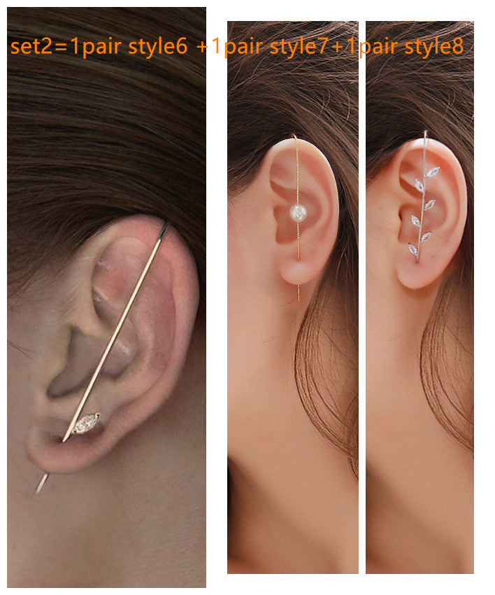 Three ear cuffs displayed on ears with text indicating a set of earrings.