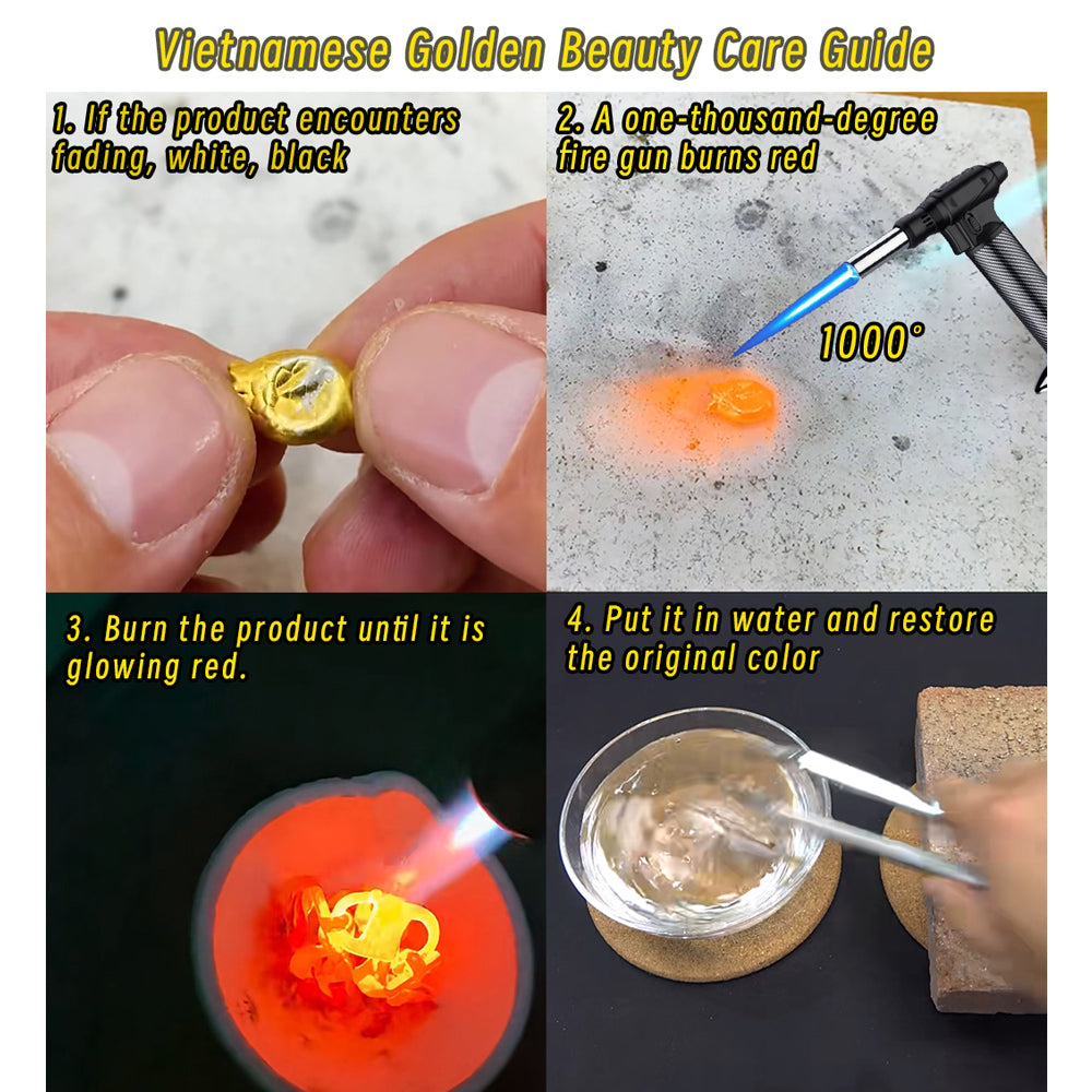 Step-by-step guide on how to restore a product using a fire gun and water, with text instructions.