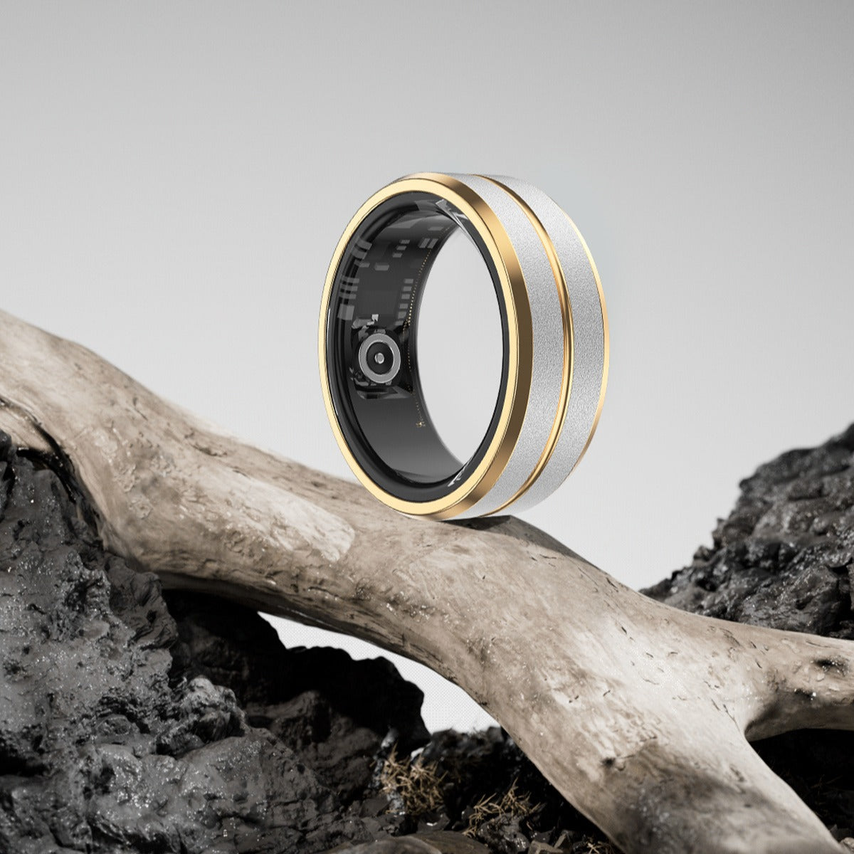Smart ring with gold and silver band on a wooden branch