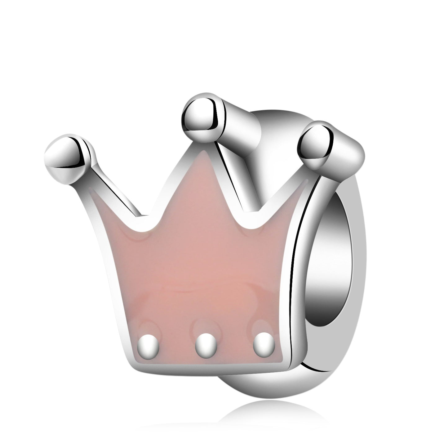 Silver crown-shaped charm with pink center on a white background