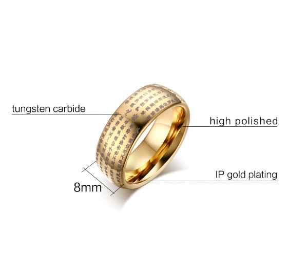 Gold ring with text labels indicating material and dimensions on a white background