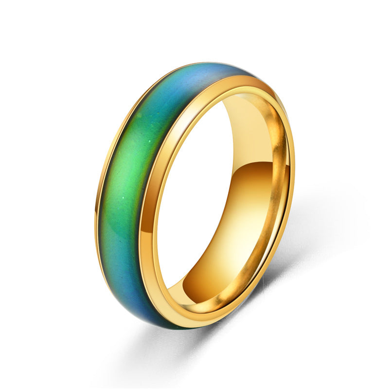 Gold ring with a green and blue gradient on a white background