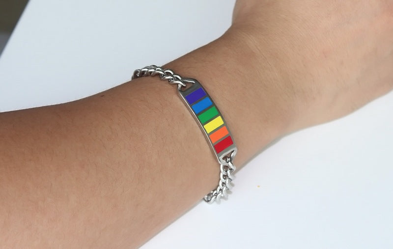 Bracelet with rainbow pattern on a wrist against a white background