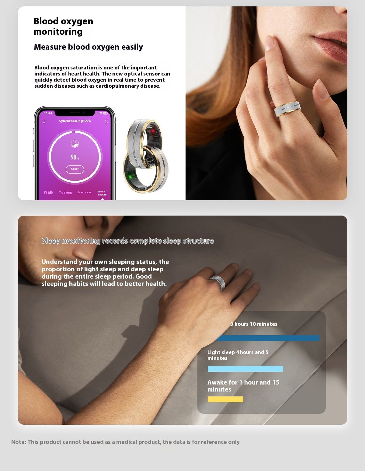 Smart device with app interface and close-up of a hand wearing a ring, emphasizing blood oxygen monitoring and sleep tracking.