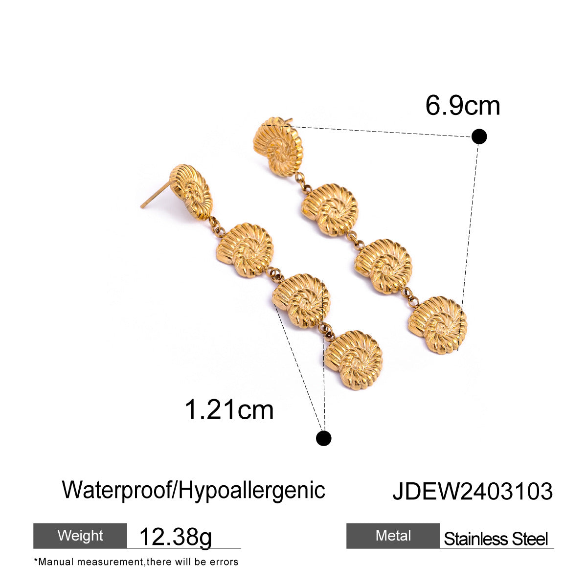 Gold earrings with measurements and product details on a white background