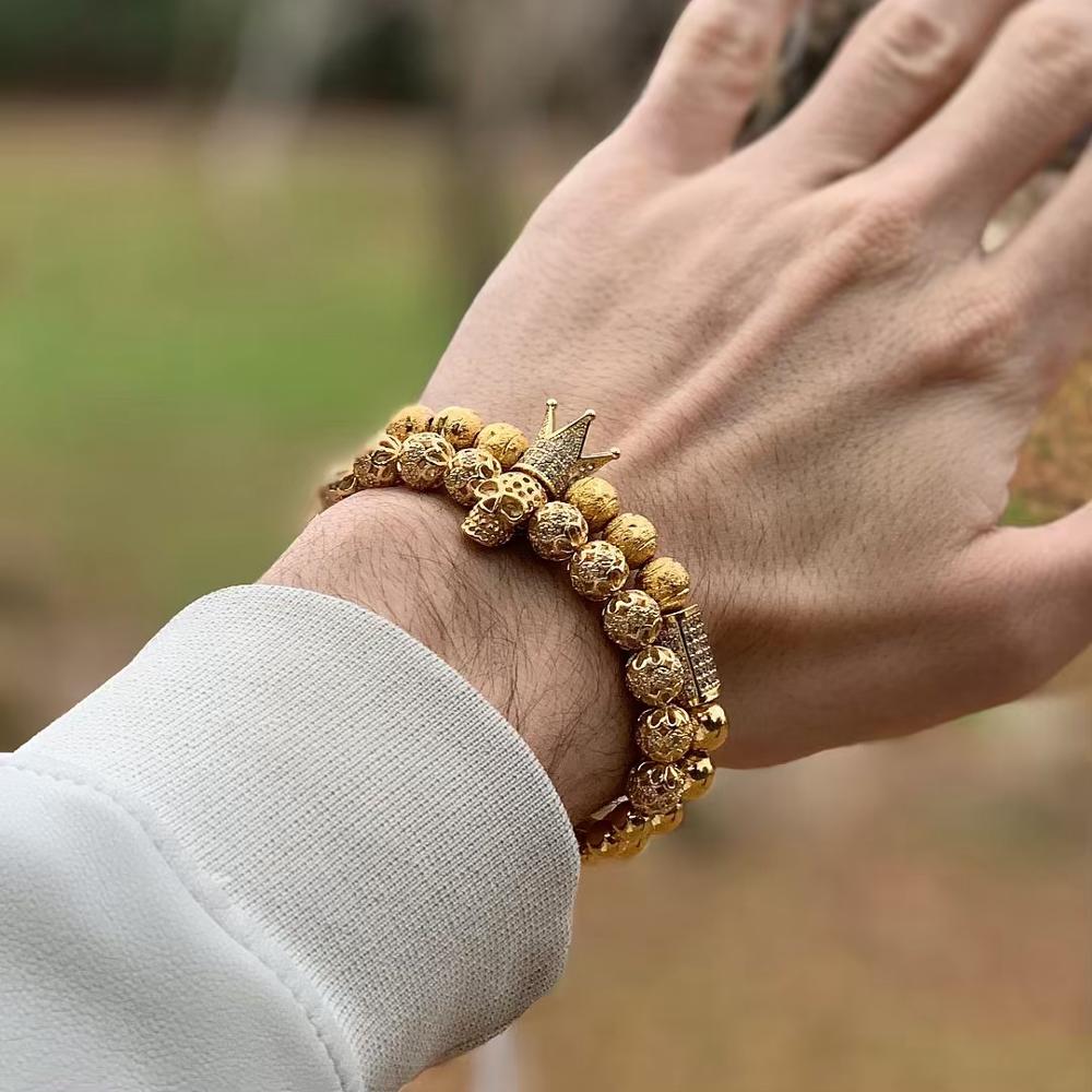 Men's Crown Charm Zircon Macrame Bead Bracelet | Copper Studded