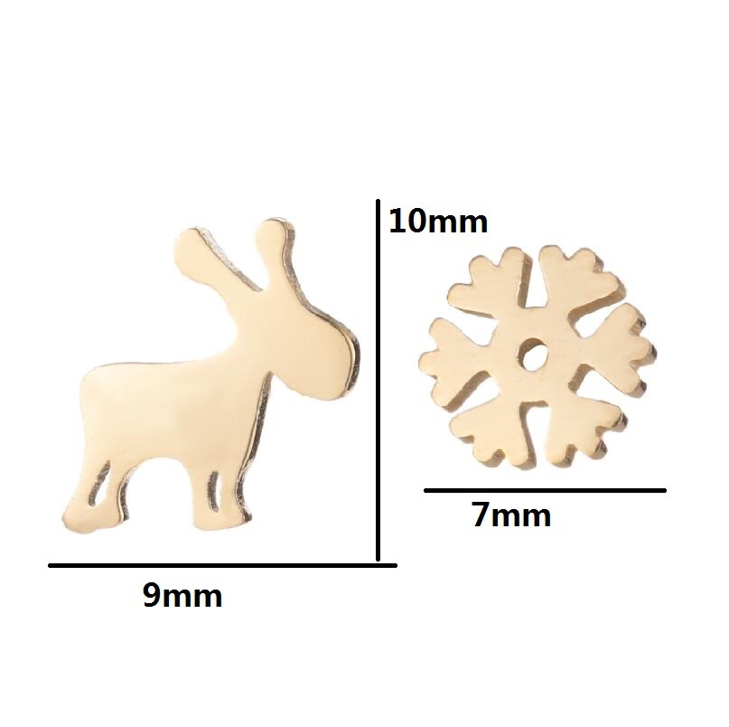 Gold reindeer and snowflake charms with measurements on a white background