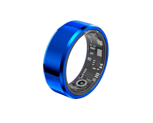 Blue smart ring with electronic components on a white background