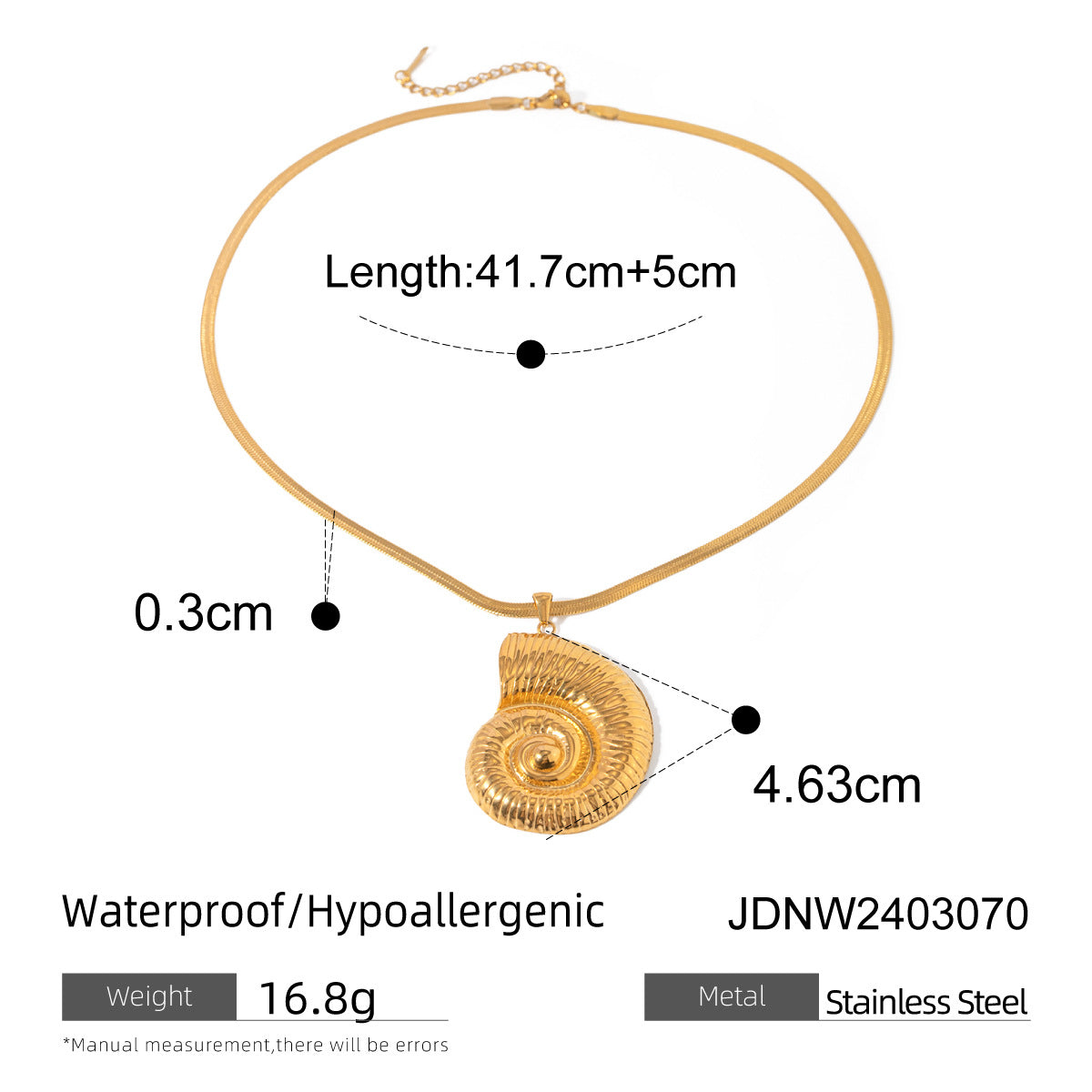 Gold necklace with measurements and product details on a white background