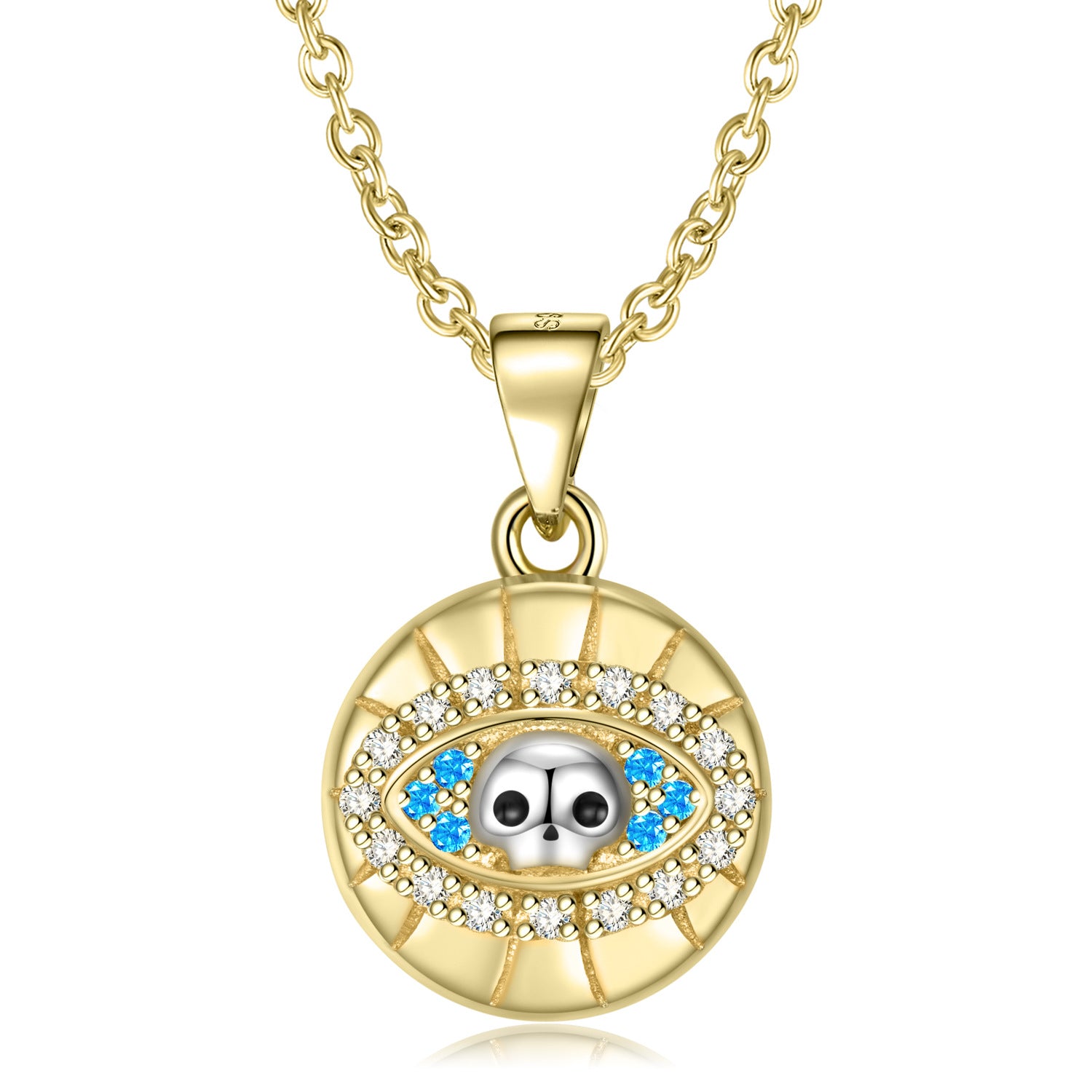 Gold necklace with an eye-shaped pendant featuring blue stones and clear stones on a white background