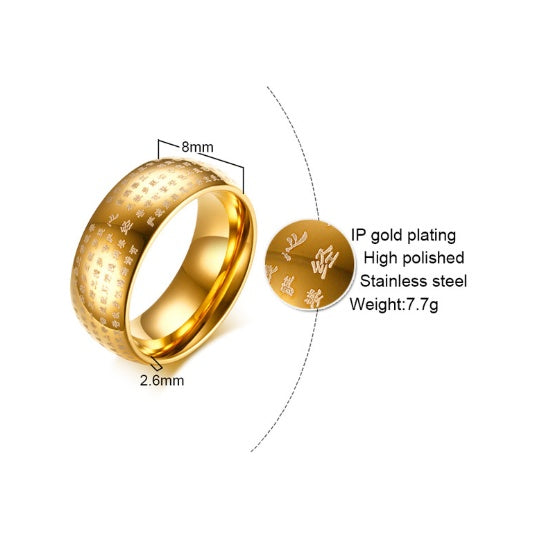 Gold ring with measurements and material details on a white background