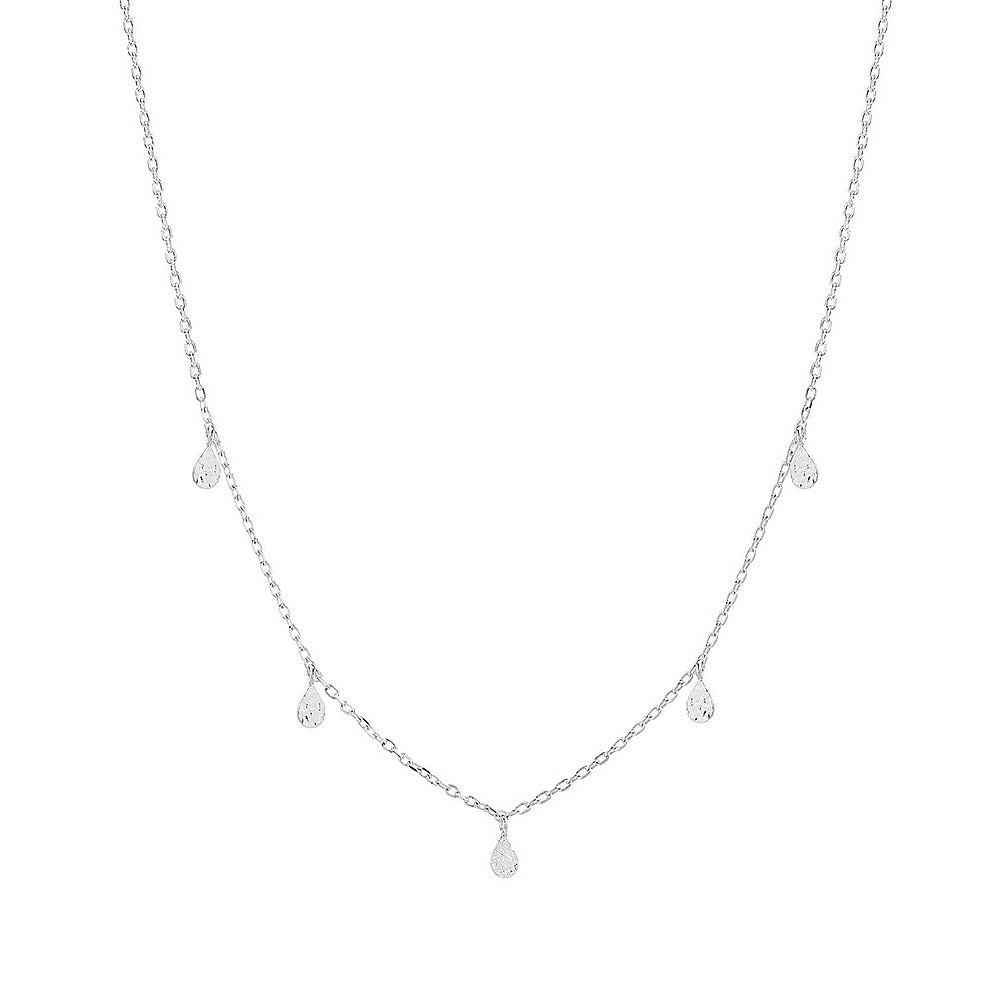 Silver necklace with small teardrop-shaped pendants on a white background