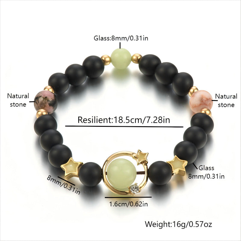 Black beaded bracelet with natural stones and gold accents, showing measurements and details on a white background.