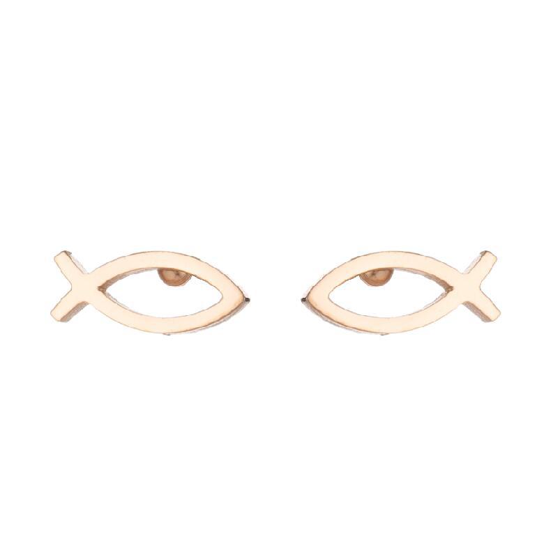 Rose gold fish-shaped earrings on a white background