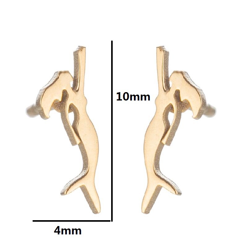 Gold antler-shaped earrings with measurements on a white background